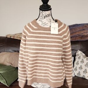 NWT Marea By Liz Joy Camel Ivory Stripe 100% Wool Sweater SZ M